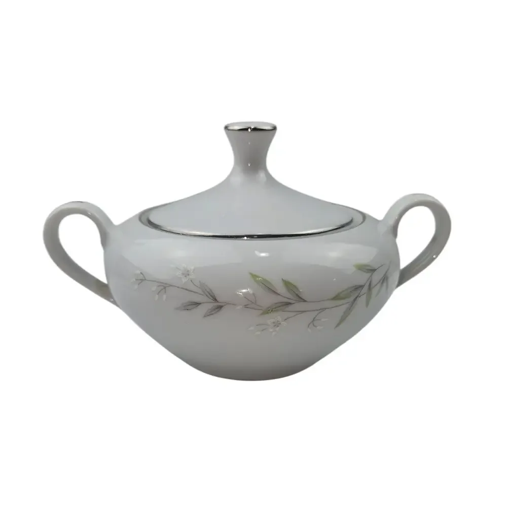 Sango Springtime 6511‎ Sugar Bowl with Lid Fine China Platinum Trim Floral Leaf